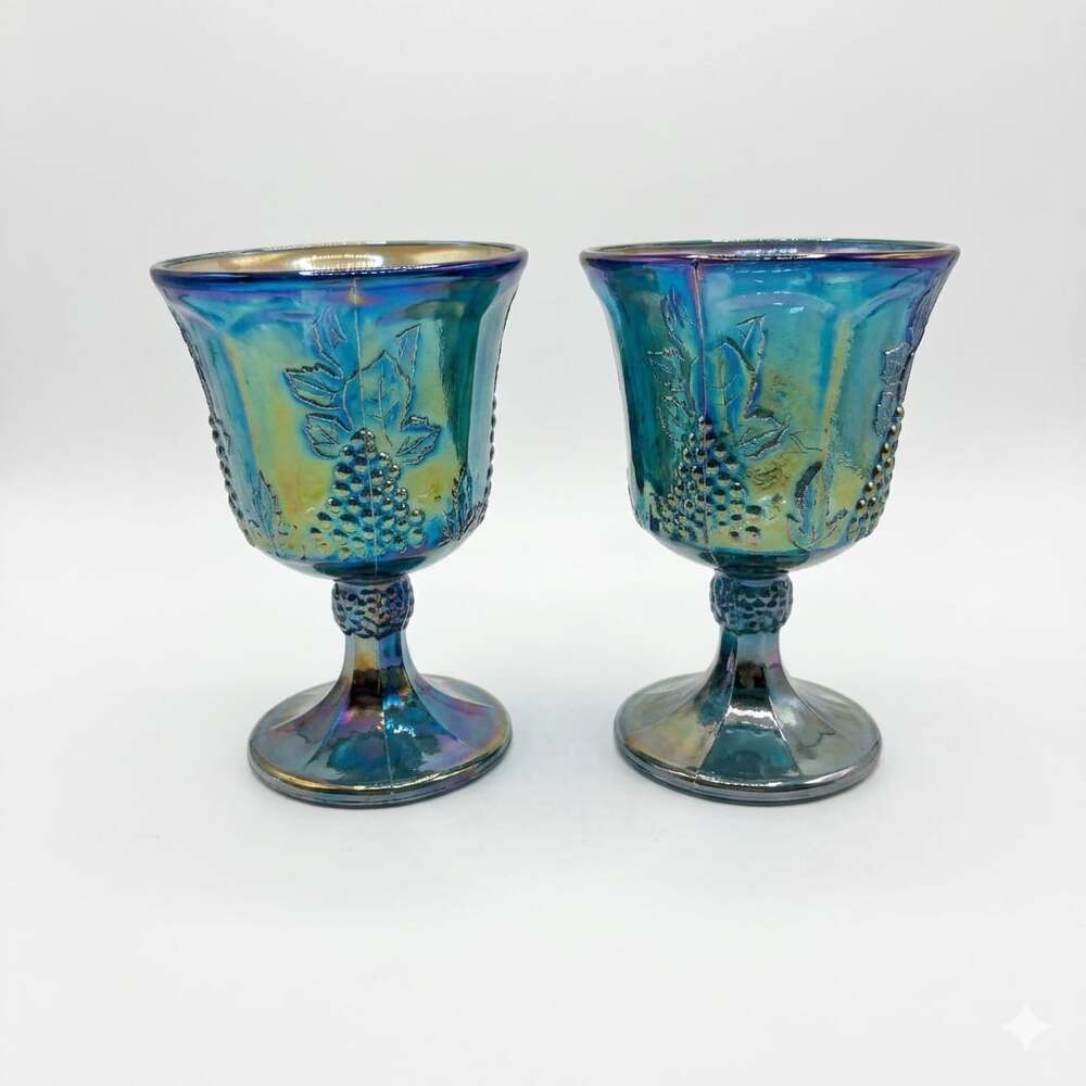 Vintage Indiana Glass Blue Iridescent Harvest Grape Goblets Set of 2